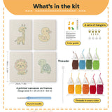 What is in the Giraffe and Turtle set, 8 × 12 in (20 × 30 cm) each: 4 printed canvases, punch needle, threader, threads, color guide and 4 sets of hangers