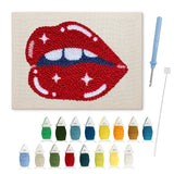 Glossy Lip Bite punch needle kit: finished canvas with threads, punch needle and threader