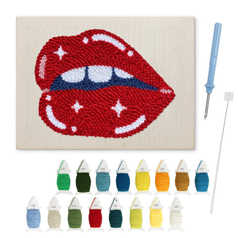 Glossy Lip Bite punch needle kit: finished canvas with threads, punch needle and threader