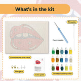 What is in the Glossy Lip Bite kit: printed canvas, punch needle, threader, threads, color guide and hangers