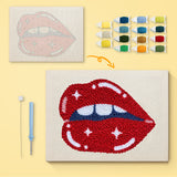 Glossy Lip Bite canvas before and after punching, with the threads and tools