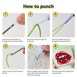 Six steps showing how to thread and use the punch needle