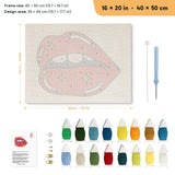 Glossy Lip Bite punch needle kit, 16 × 20 in (40 × 50 cm): canvas size and kit contents