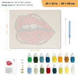 Glossy Lip Bite punch needle kit, 20 × 24 in (50 × 60 cm): canvas size and kit contents