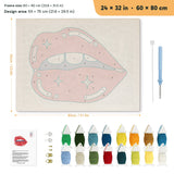 Glossy Lip Bite punch needle kit, 24 × 32 in (60 × 80 cm): canvas size and kit contents
