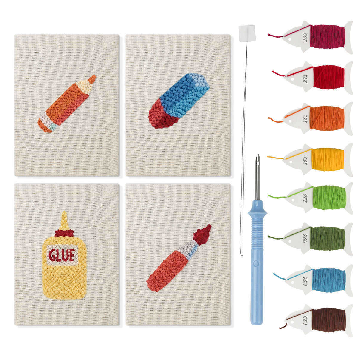 Glue Bottle Crafts mini punch needle kit set: four finished canvases with threads, punch needle and threader