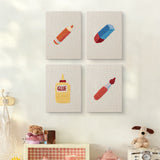 The four Glue Bottle Crafts mini canvases on a wall above a shelf