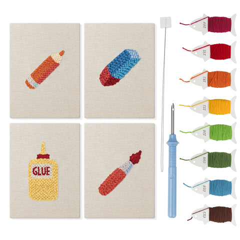 Glue Bottle Crafts mini punch needle kit set: four finished canvases with threads, punch needle and threader