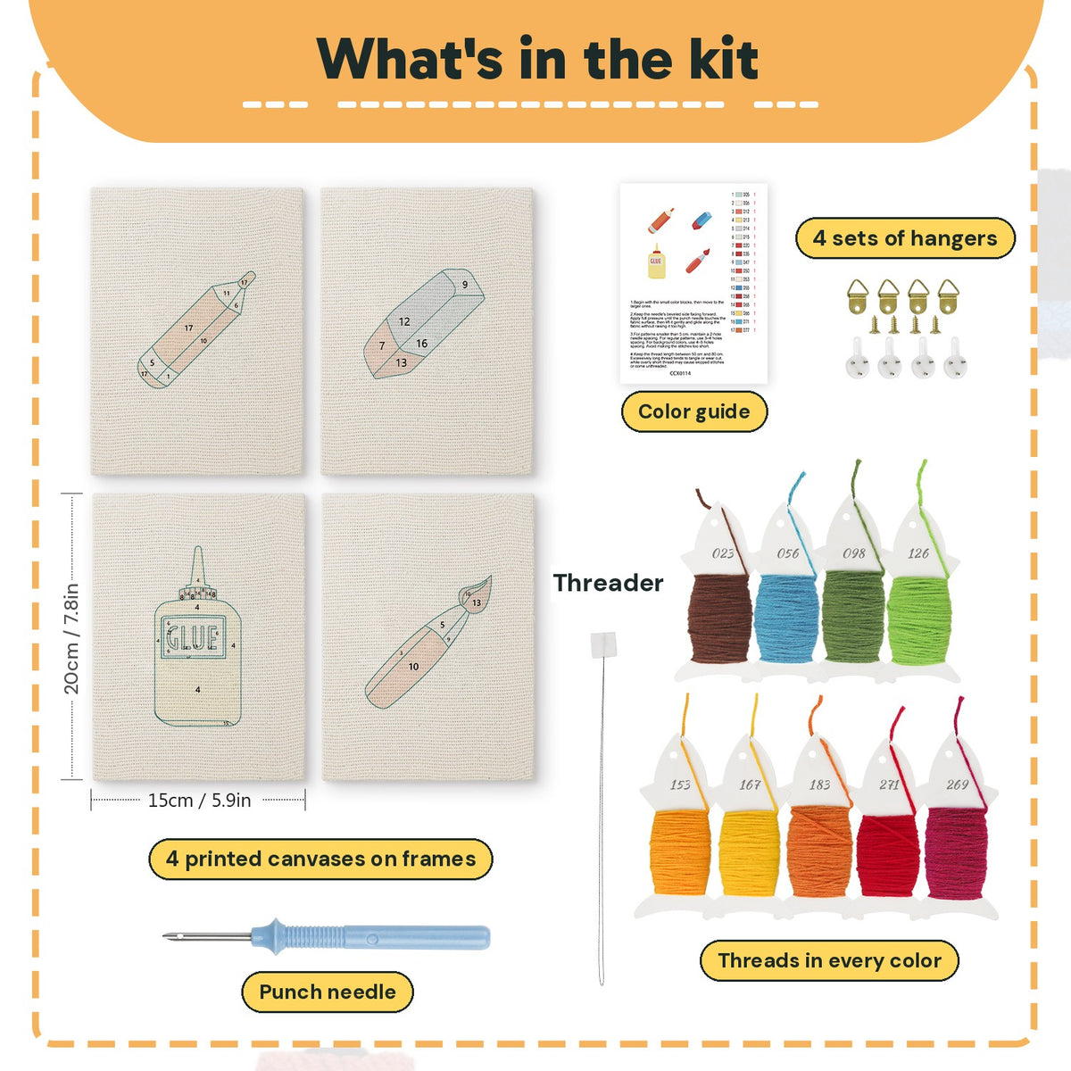 What is in the Glue Bottle Crafts set: 4 printed canvases, punch needle, threader, threads, color guide and 4 sets of hangers (6 × 8 in (15 × 20 cm) each)