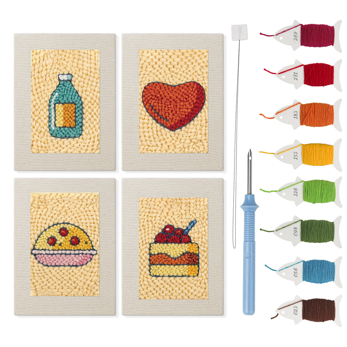 Golden Bakery Bites mini punch needle kit set: four finished canvases with threads, punch needle and threader