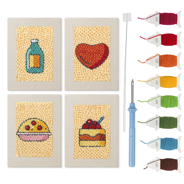 Golden Bakery Bites mini punch needle kit set: four finished canvases with threads, punch needle and threader