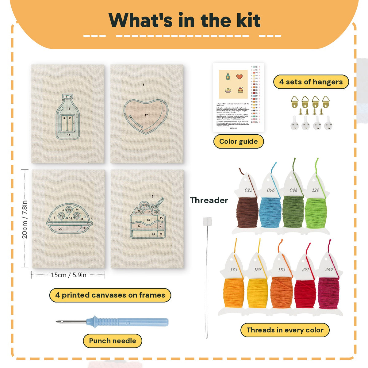 What is in the Golden Bakery Bites set: 4 printed canvases, punch needle, threader, threads, color guide and 4 sets of hangers (6 × 8 in (15 × 20 cm) each)
