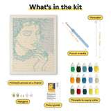 What is in the Golden Daydream kit: printed canvas, punch needle, threader, threads, color guide and hangers
