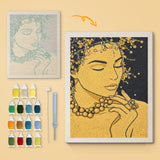 Golden Daydream canvas before and after punching, with the threads and tools