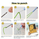 Six steps showing how to thread and use the punch needle