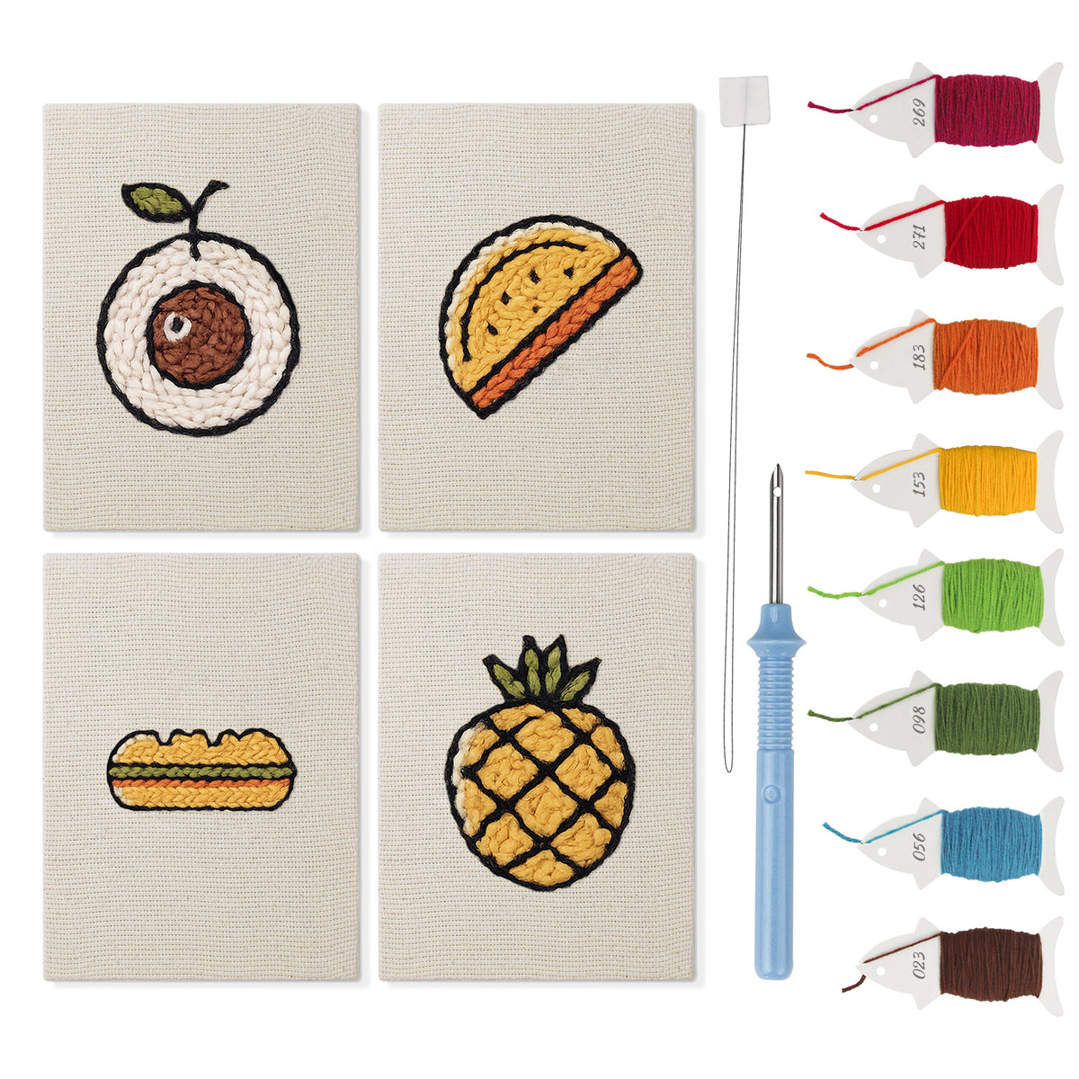Golden Pineapple Picnic mini punch needle kit set: four finished canvases with threads, punch needle and threader