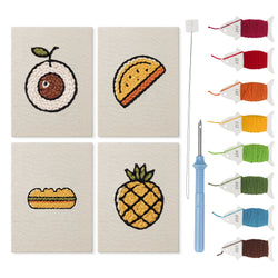 Golden Pineapple Picnic mini punch needle kit set: four finished canvases with threads, punch needle and threader