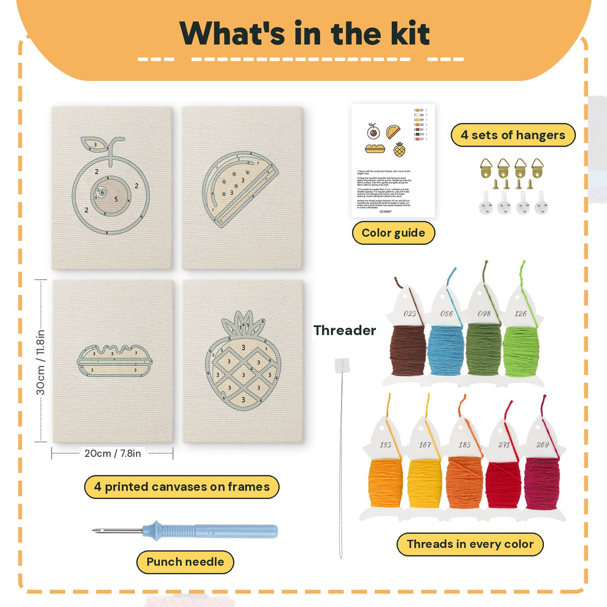 What is in the Golden Pineapple Picnic set, 8 × 12 in (20 × 30 cm) each: 4 printed canvases, punch needle, threader, threads, color guide and 4 sets of hangers