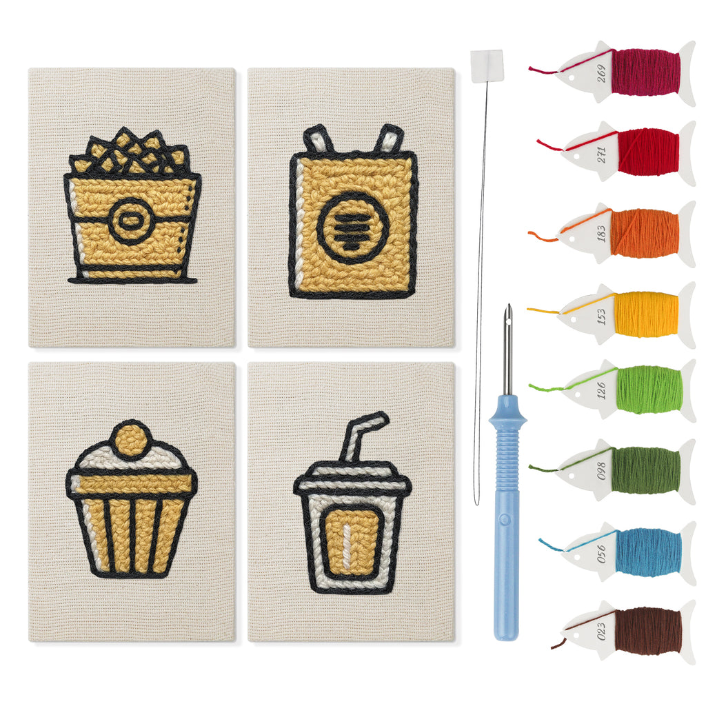 Golden Popcorn Bucket mini punch needle kit set: four finished canvases with threads, punch needle and threader
