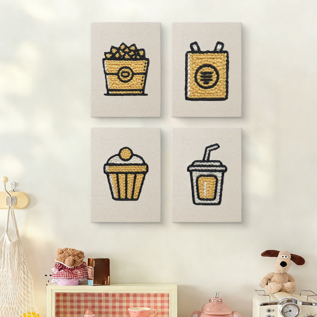 The four Golden Popcorn Bucket mini canvases on a wall above a shelf