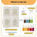 What is in the Golden Popcorn Bucket set: 4 printed canvases, punch needle, threader, threads, color guide and 4 sets of hangers (6 × 8 in (15 × 20 cm) each)