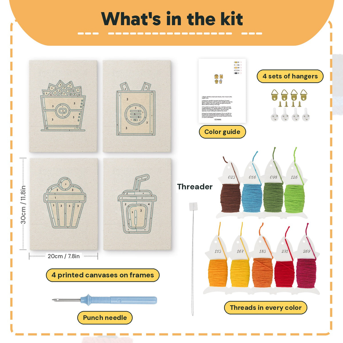 What is in the Golden Popcorn Bucket set, 8 × 12 in (20 × 30 cm) each: 4 printed canvases, punch needle, threader, threads, color guide and 4 sets of hangers