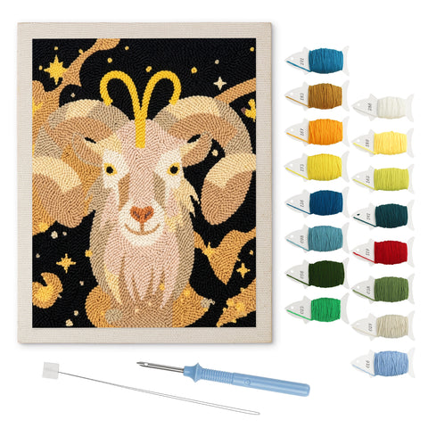 Golden Ram punch needle kit: finished canvas with threads, punch needle and threader