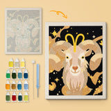 Golden Ram canvas before and after punching, with the threads and tools
