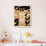 Finished Golden Ram punch needle canvas on a wall