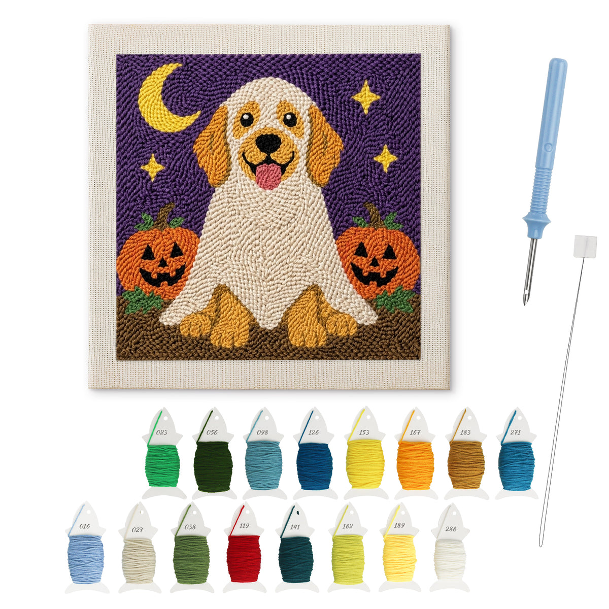 Golden Retriever Ghost punch needle kit: finished canvas with threads, punch needle and threader
