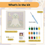 What is in the Golden Retriever Ghost kit: printed canvas, punch needle, threader, threads, color guide and hangers