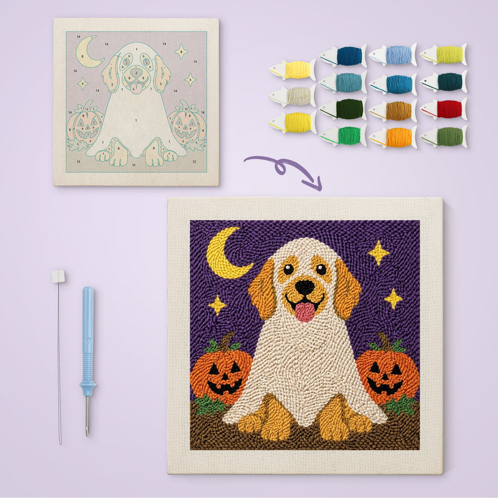 Golden Retriever Ghost canvas before and after punching, with the threads and tools