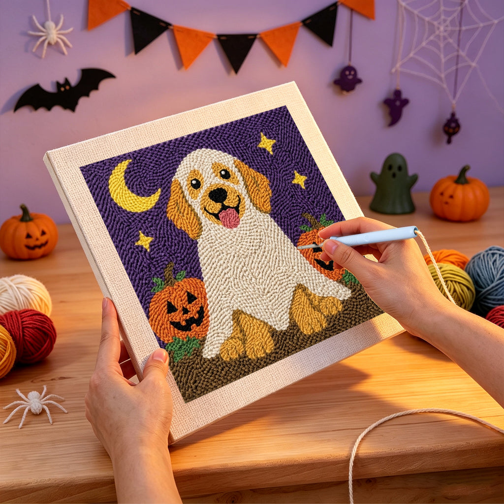 Punching the Golden Retriever Ghost design with the punch needle