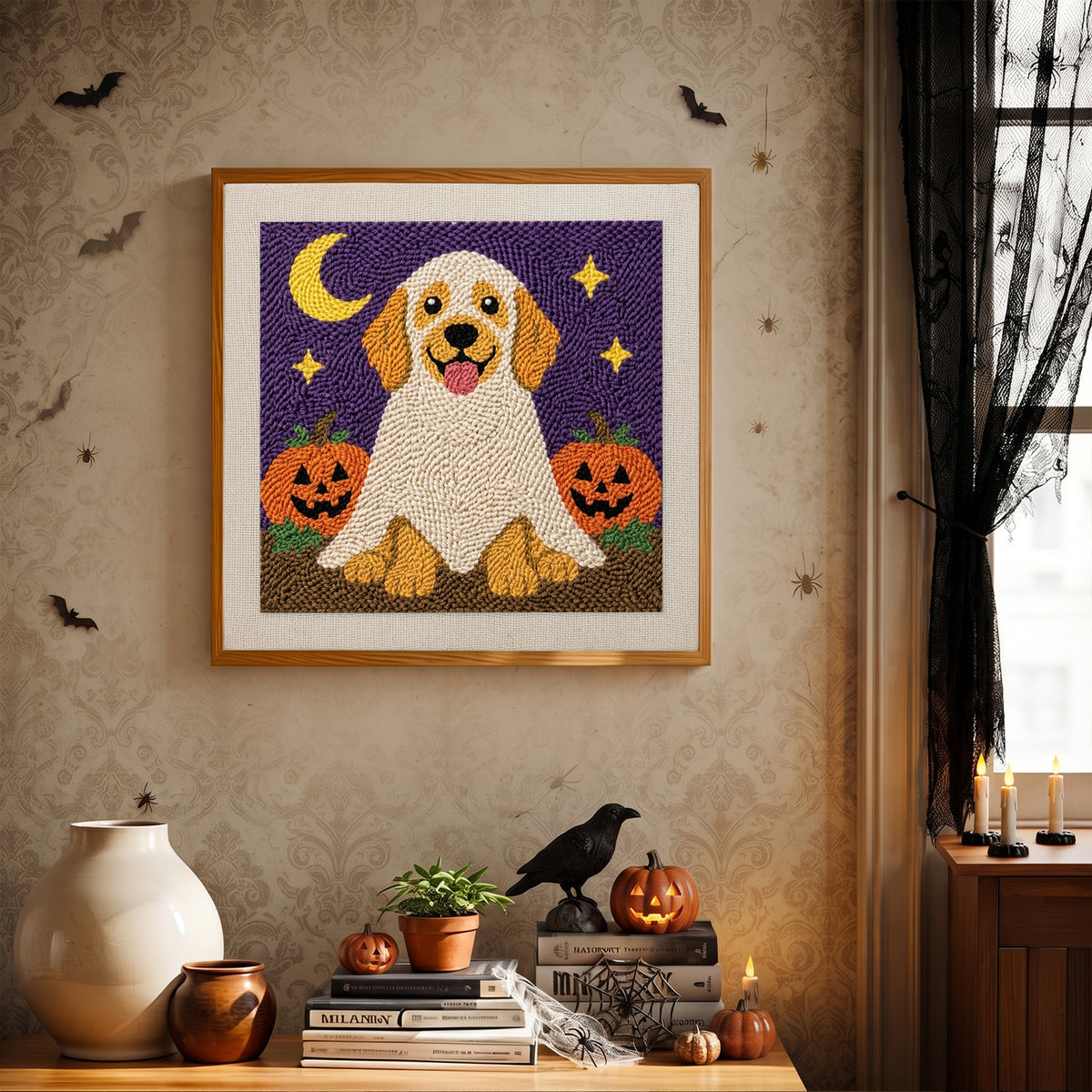 Finished Golden Retriever Ghost punch needle canvas on a wall