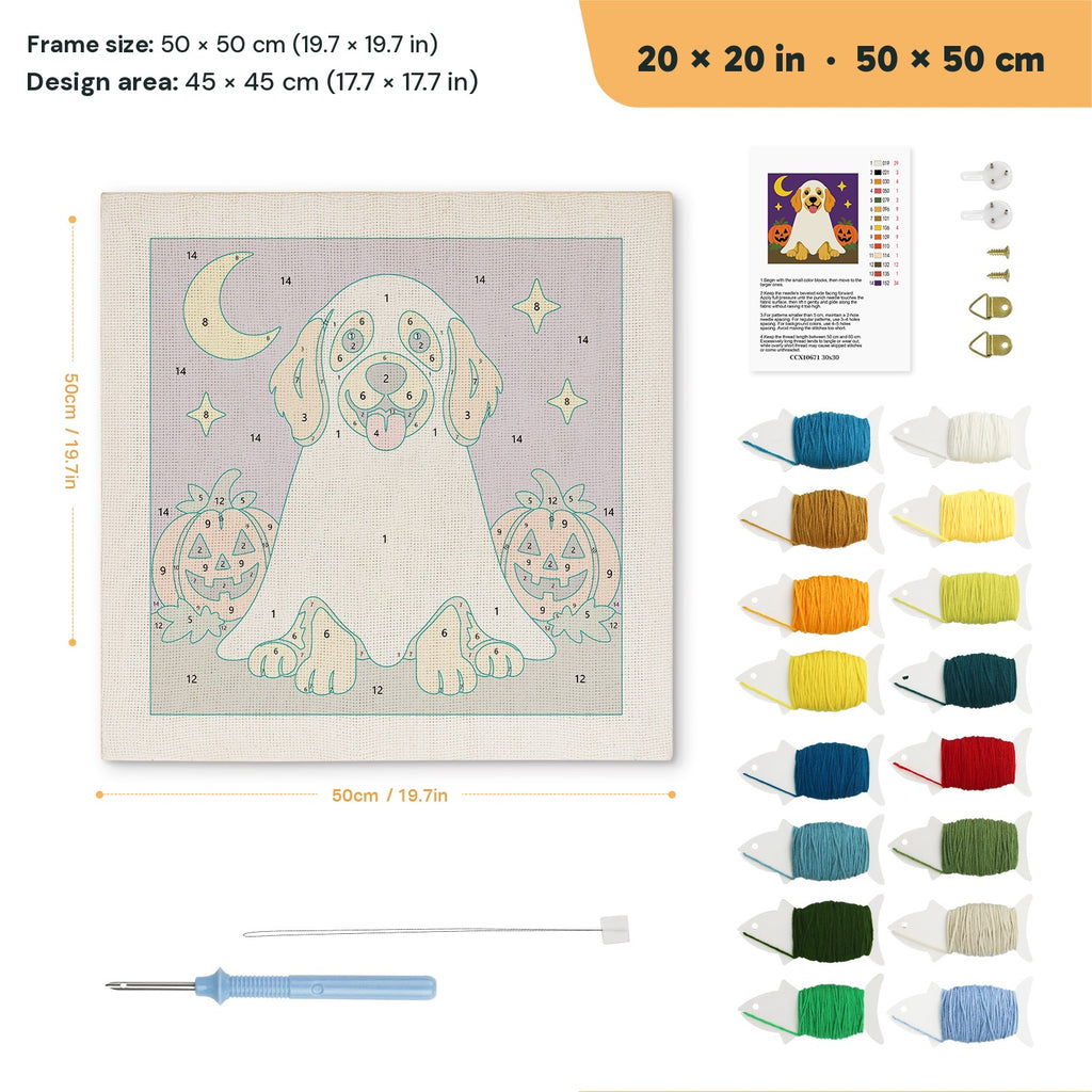 Golden Retriever Ghost punch needle kit, 20 × 20 in (50 × 50 cm): canvas size and kit contents
