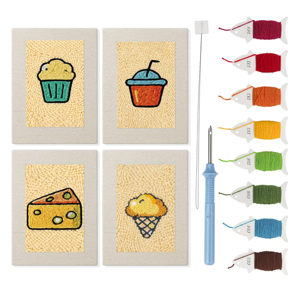Golden Snack Time mini punch needle kit set: four finished canvases with threads, punch needle and threader