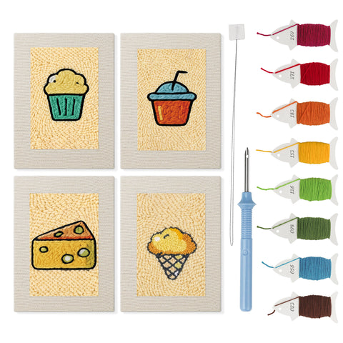 Golden Snack Time mini punch needle kit set: four finished canvases with threads, punch needle and threader