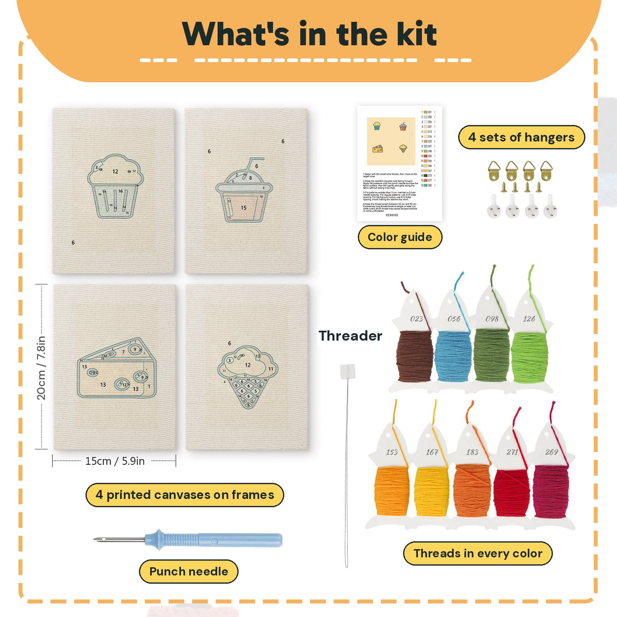 What is in the Golden Snack Time set: 4 printed canvases, punch needle, threader, threads, color guide and 4 sets of hangers (6 × 8 in (15 × 20 cm) each)