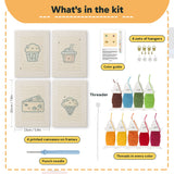 What is in the Golden Snack Time set: 4 printed canvases, punch needle, threader, threads, color guide and 4 sets of hangers (6 × 8 in (15 × 20 cm) each)