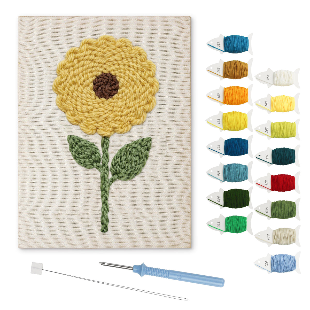 Golden Sunflower punch needle kit: finished canvas with threads, punch needle and threader
