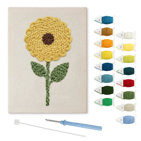 Golden Sunflower punch needle kit: finished canvas with threads, punch needle and threader