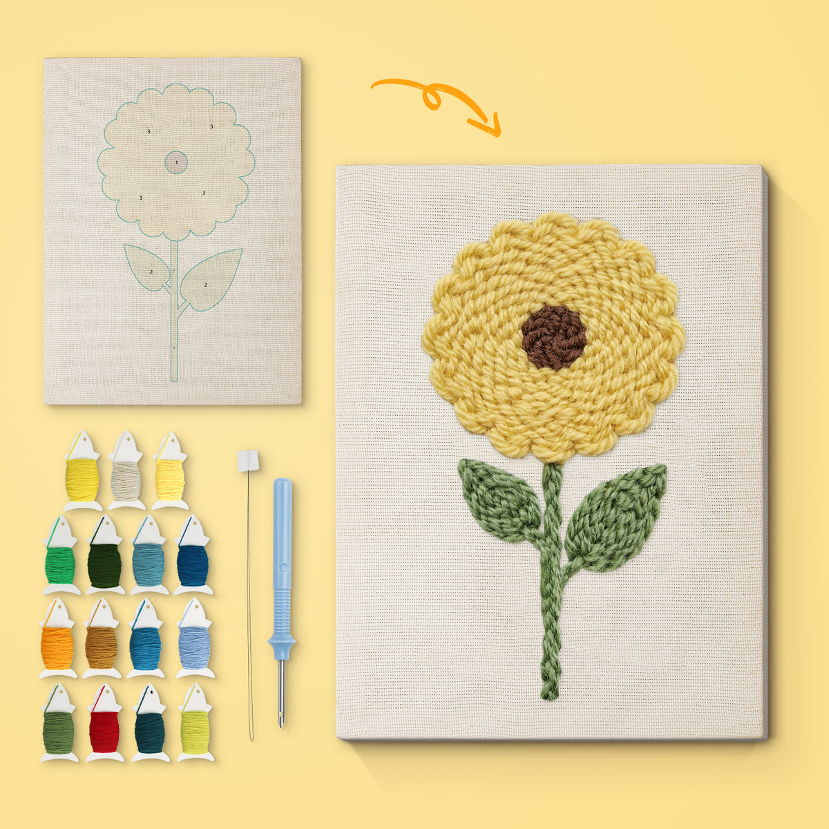 Golden Sunflower canvas before and after punching, with the threads and tools