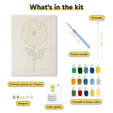 What is in the Golden Sunflower kit: printed canvas, punch needle, threader, threads, color guide and hangers