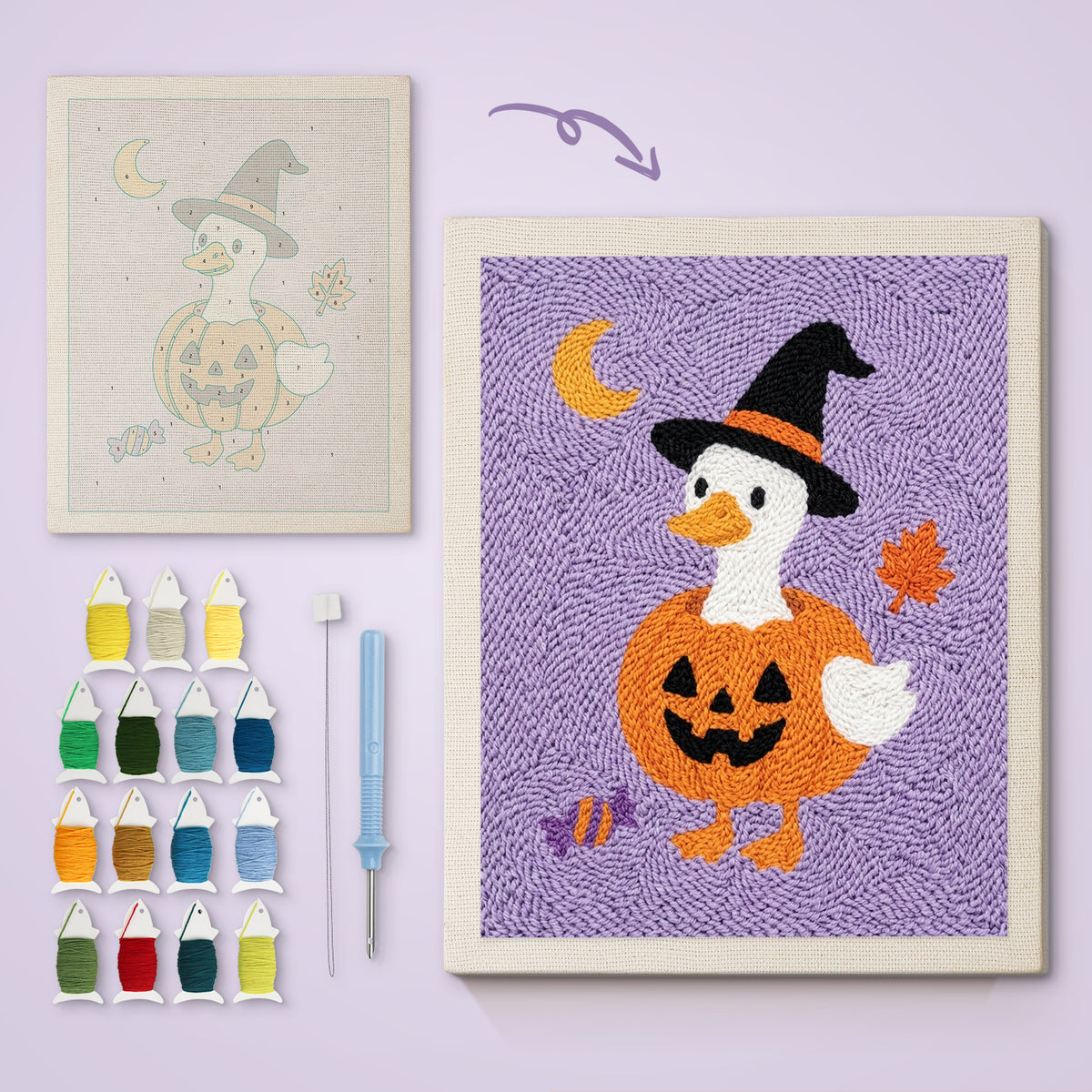 Goose in a Pumpkin canvas before and after punching, with the threads and tools