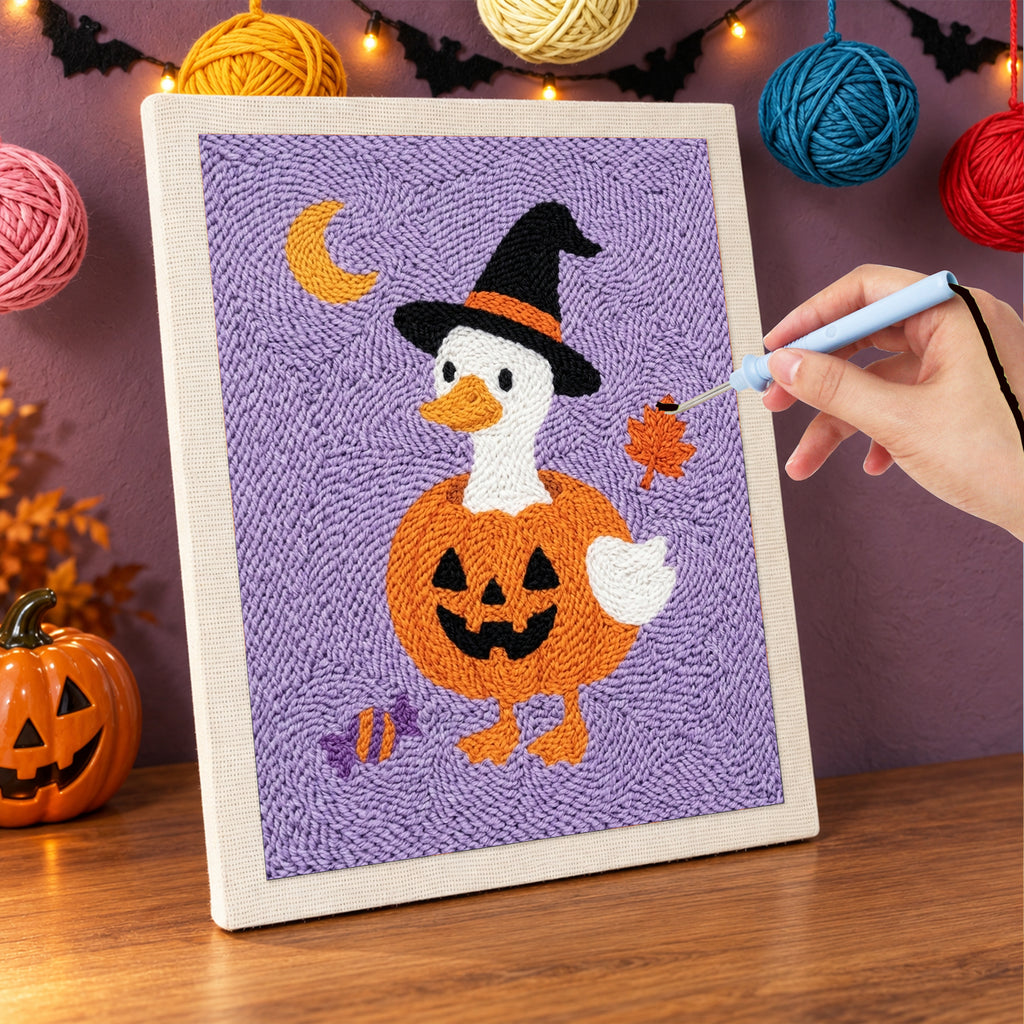 Punching the Goose in a Pumpkin design with the punch needle