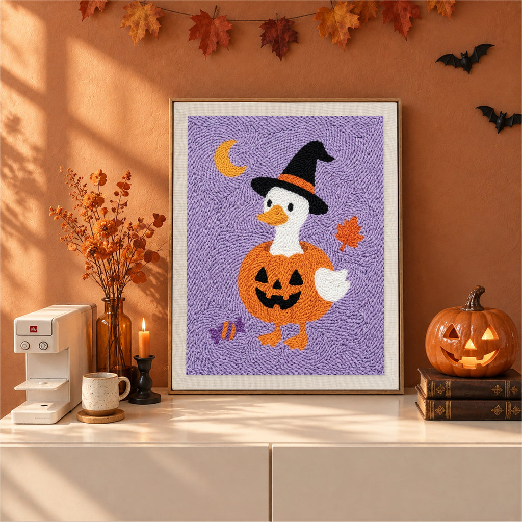 Finished Goose in a Pumpkin punch needle canvas on a wall