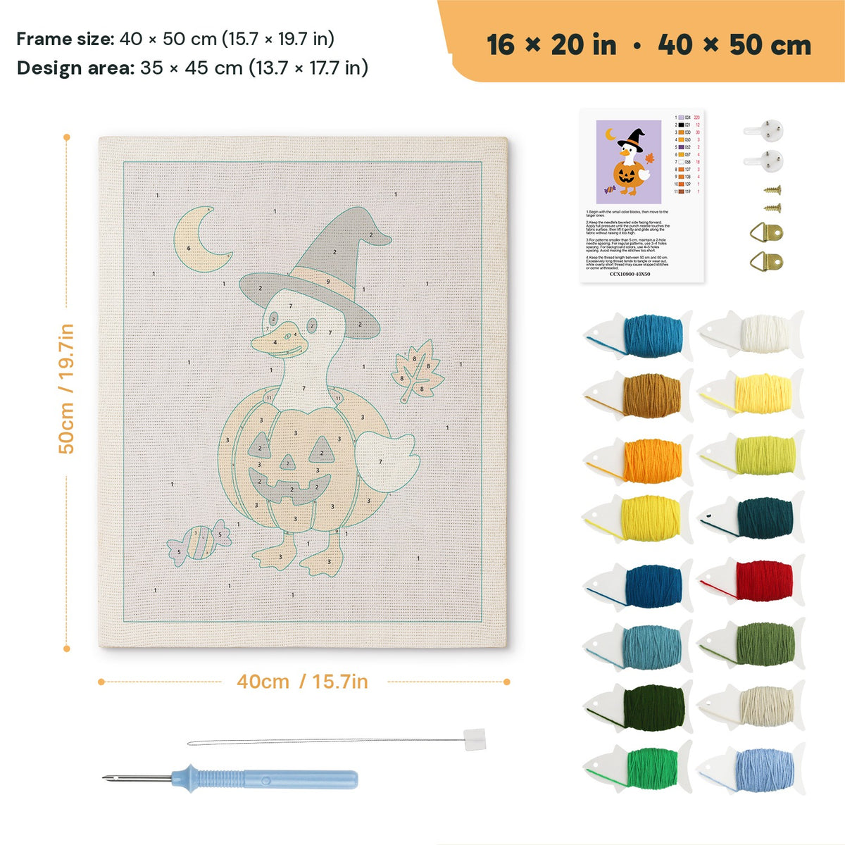 Goose in a Pumpkin punch needle kit, 16 × 20 in (40 × 50 cm): canvas size and kit contents