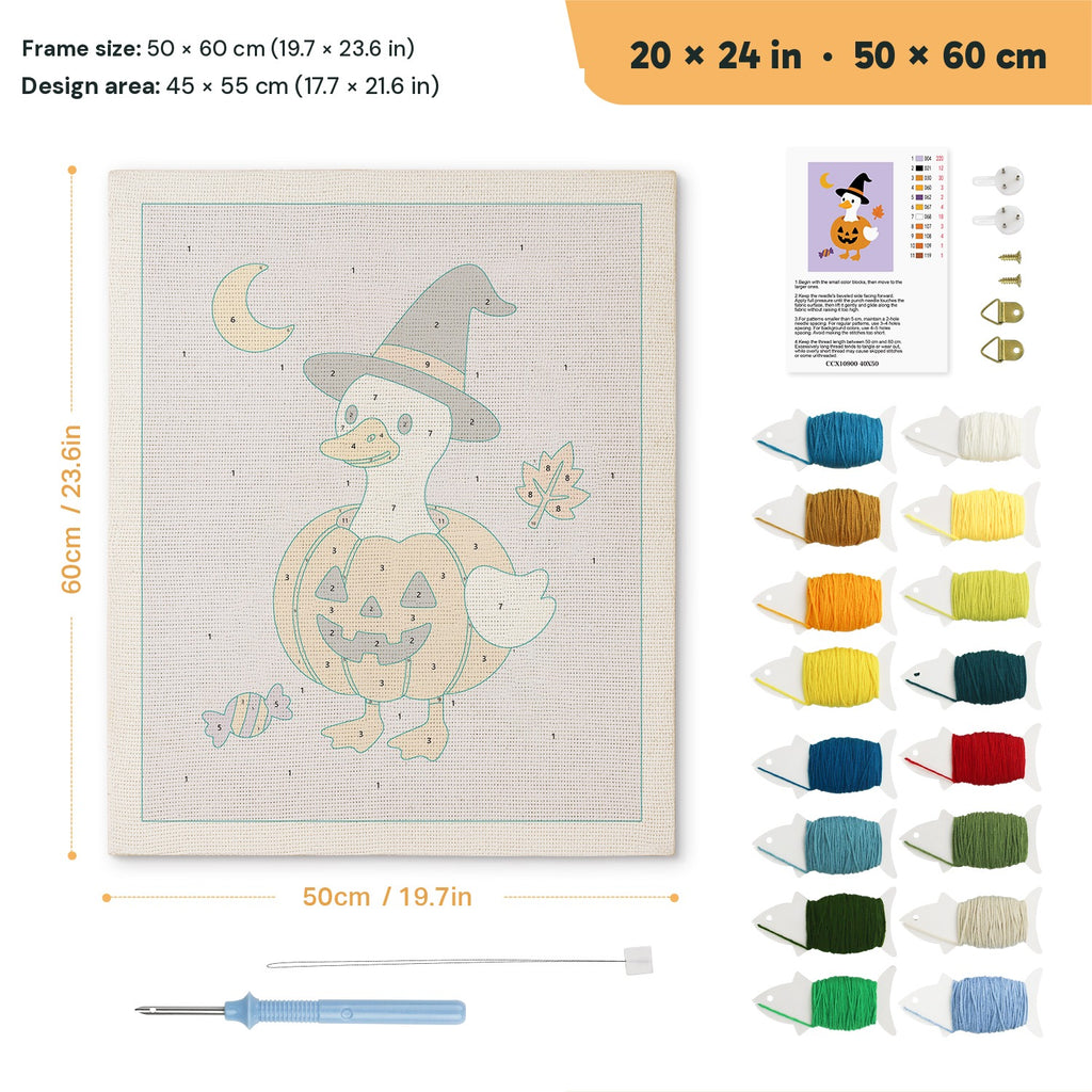 Goose in a Pumpkin punch needle kit, 20 × 24 in (50 × 60 cm): canvas size and kit contents
