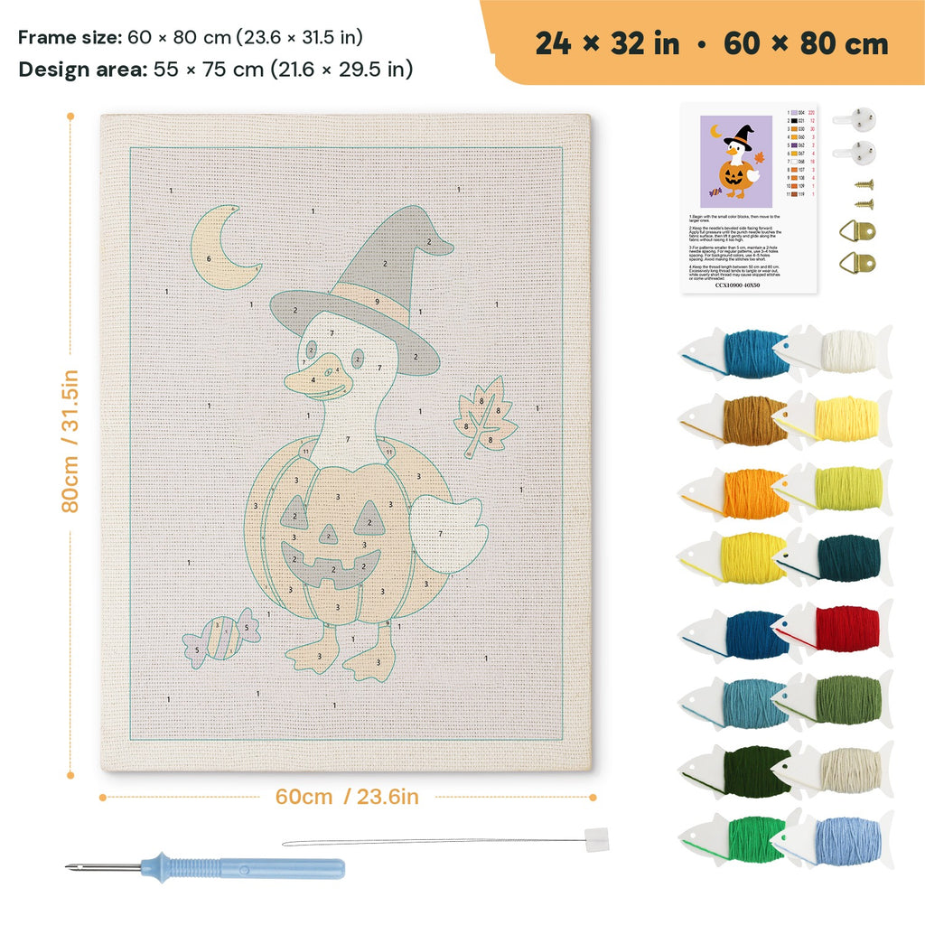 Goose in a Pumpkin punch needle kit, 24 × 32 in (60 × 80 cm): canvas size and kit contents