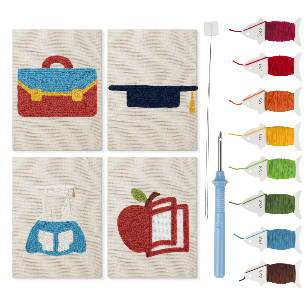 Graduation Satchel mini punch needle kit set: four finished canvases with threads, punch needle and threader